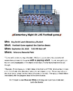Elementary Night at LHS Football Game flyer- September 22